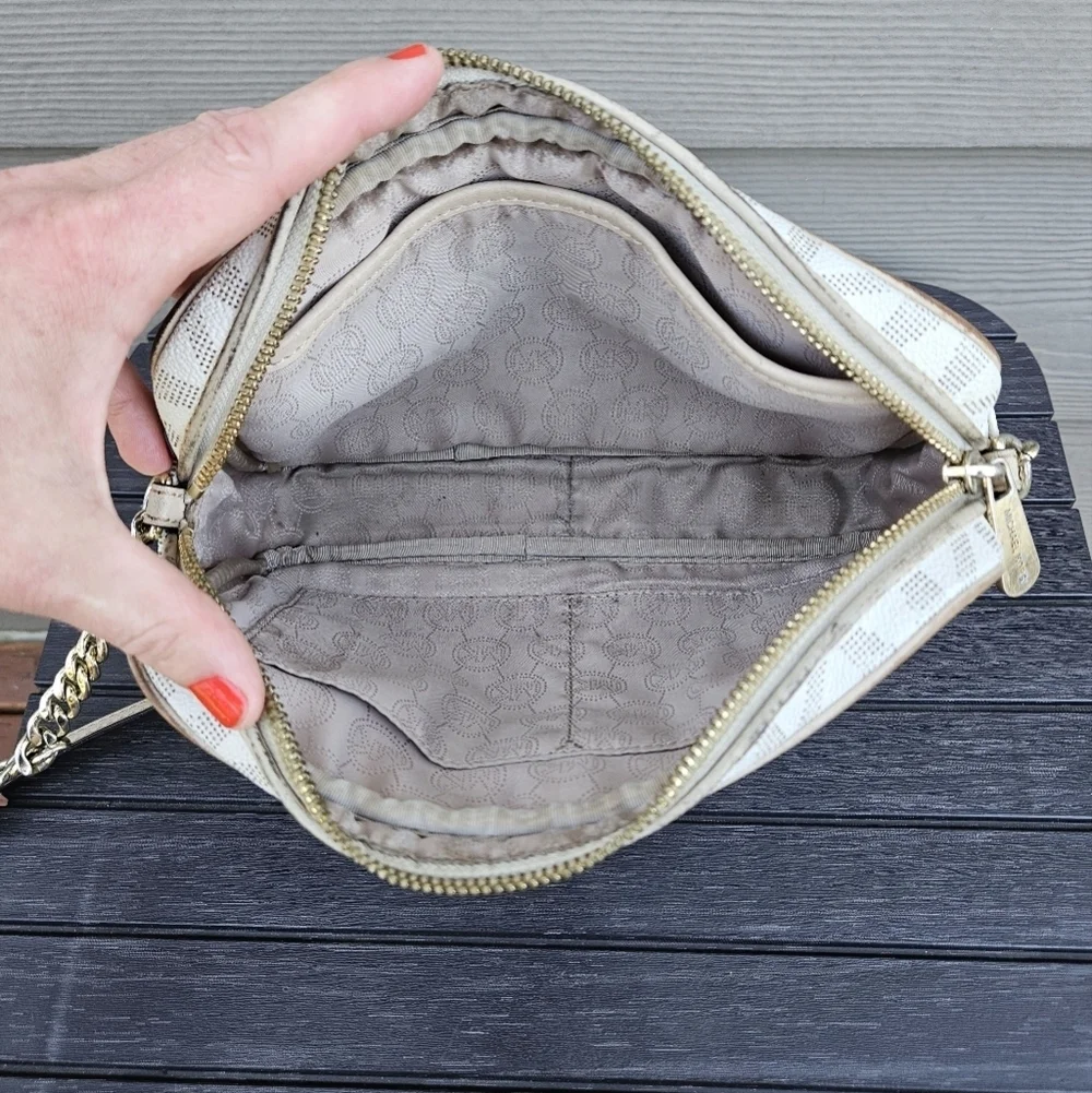 Michael Kors White Fulton Monogram Logo Crossbody Purse Gold Chain Small Bag